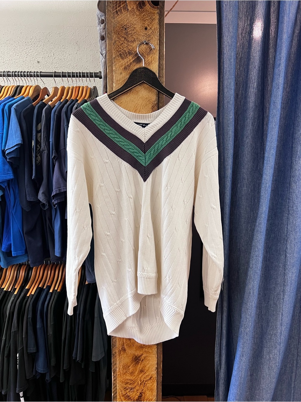Vintage White/Green/Purple V Neck Sweater